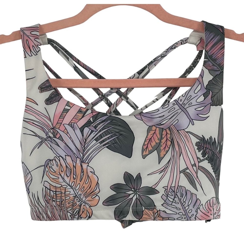 NWT Onzie Women's Size Large Pink/White/Grey Tropical Floral Criss-Cross Straps